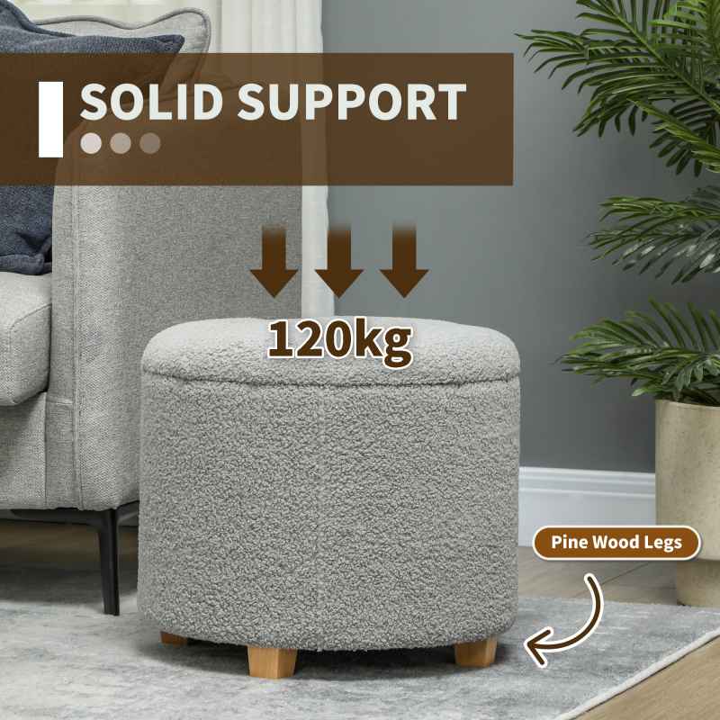 HOMCOM 45cm Round Storage Ottoman, Teddy Fleece Footstool with Removable Lid and Wood Legs, Button Tufted Vanity Stool for Living Room Bedroom Hallway