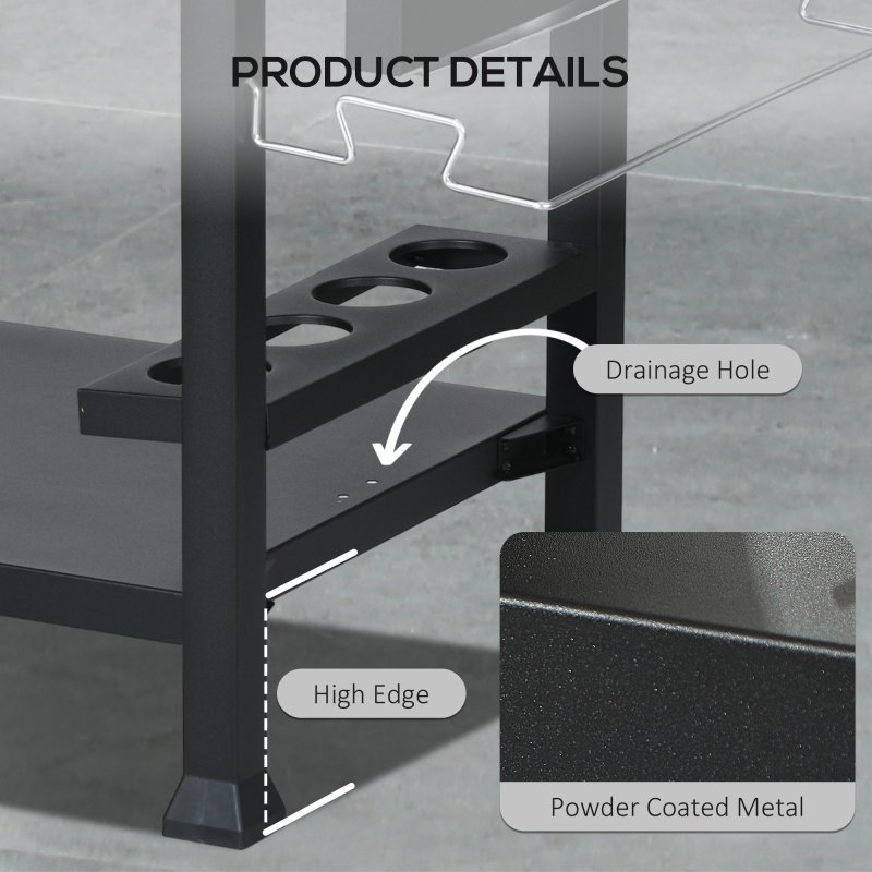 Outsunny Outdoor Grill Dining Cart with Foldable Side table, Stainless Steel Top, Portable BBQ Trolley with 2 Wheels, 6 Hooks, 3-Shelf Movable Food Prep Pizza Oven Table for Kitchen, Patio, Garden