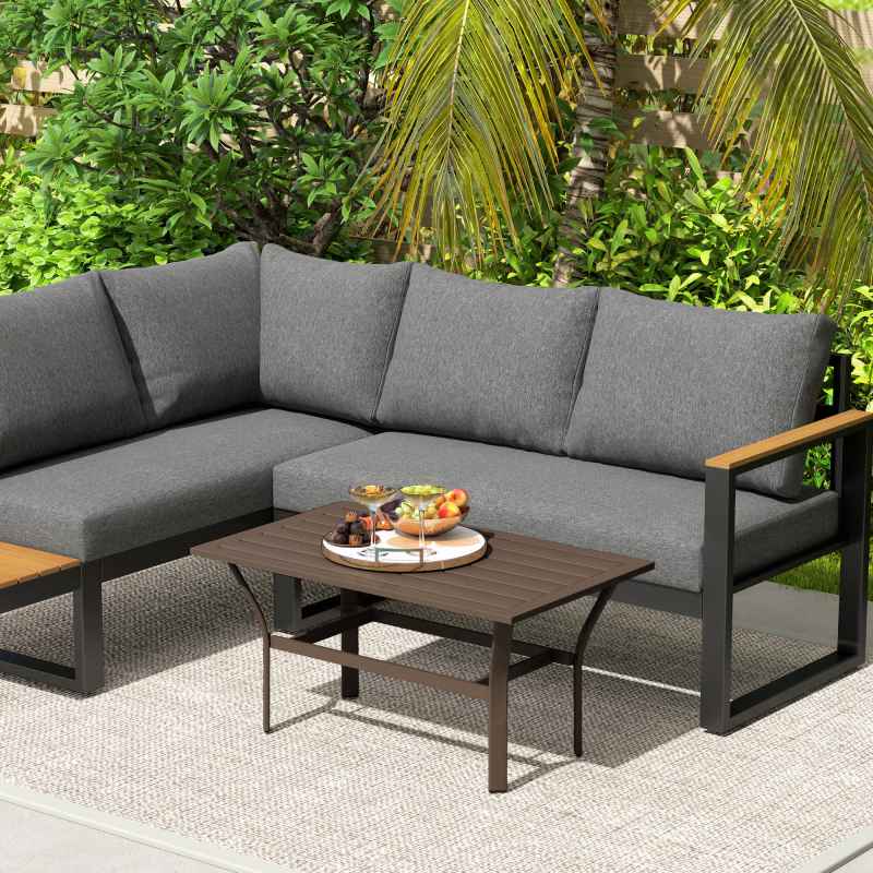 Outsunny Metal Garden Coffee Table, Rectangular Outdoor Side Table with Slatted Tabletop, Foot Pads for Outside, Garden, Balcony, Porch, 91.5 x 55 x 45cm, Brown