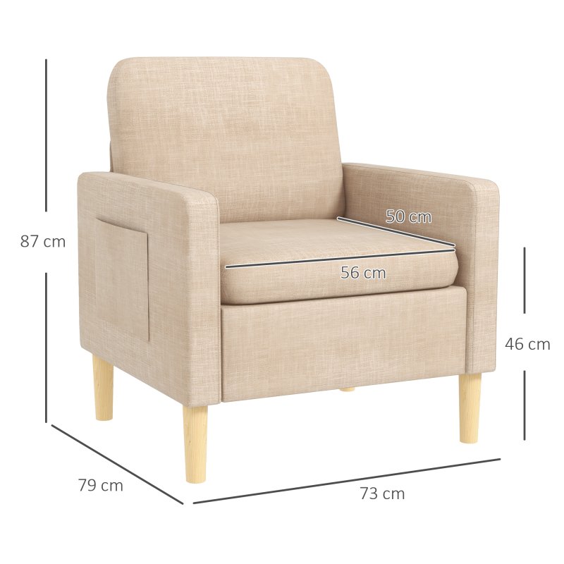 HOMCOM One Seater Sofa for Living Room, Modern Fabric Armchair with Wood Legs and 2 Pockets, Accent Chair for Bedroom and Home Office