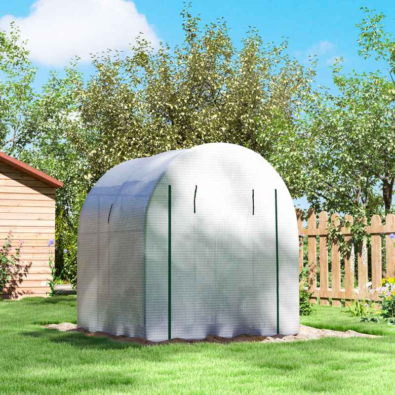 Outsunny 1.8 x 1.8 x 2m Polytunnel Greenhouse with Doors and Mesh Windows, Walk-in Grow House Tent with UV-resistant PE Cover and Steel Frame, White