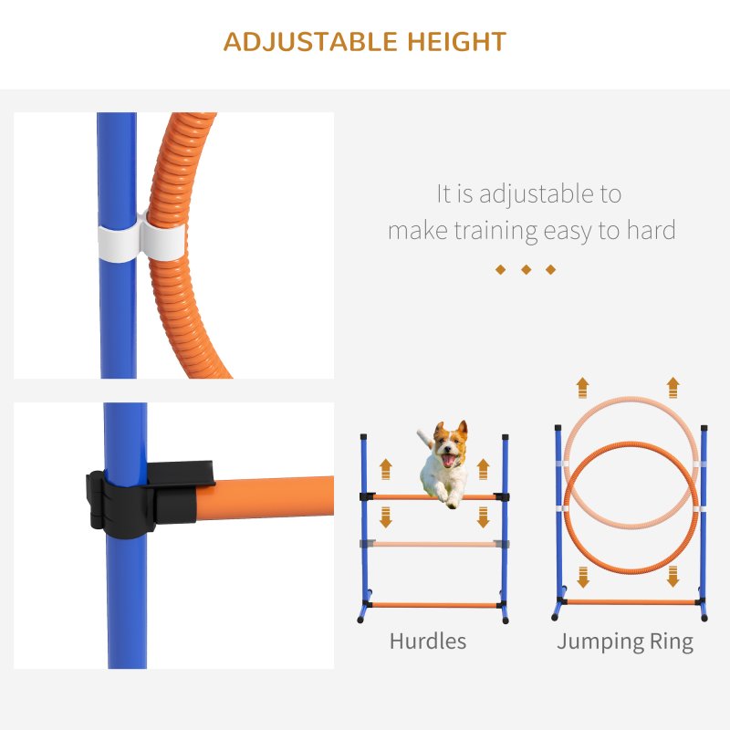 PawHut Dog Agility Training Equipment, Dog Outdoor Games with Weave Poles, Jump Ring, Pause Box, Adjustable Hurdle, Pet Obstacle Course Training Set with Carry Bag, Orange