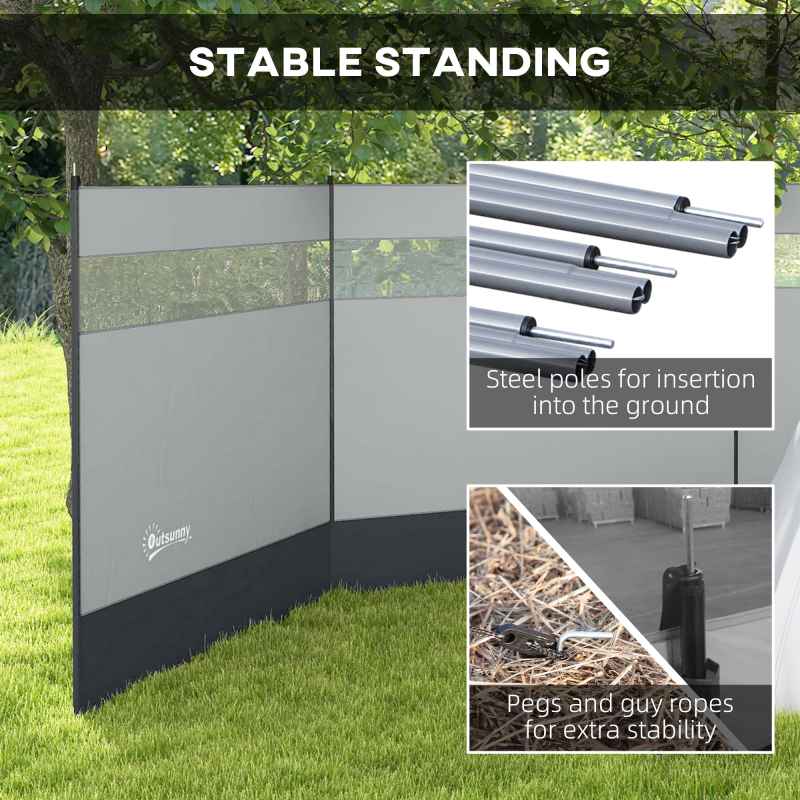 Outsunny Camping Windbreak, 4 Pole Windbreaker Blocker with Clear Windows, Carry Bag and Steel Poles, for Beach Caravan Campervan, 440 x 140cm, Grey