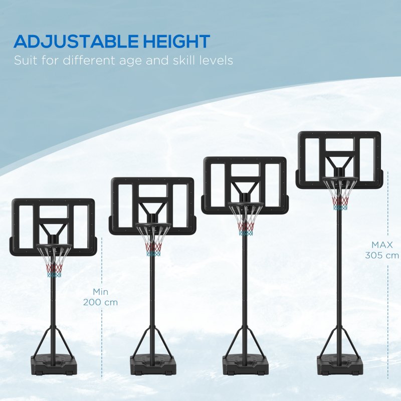 SPORTNOW Height Adjustable Basketball Hoop and Stand, Freestanding Basketball Stand, Net w/ Wheels, Enlarged Base, PE Backboard, 2-3.05m - Black
