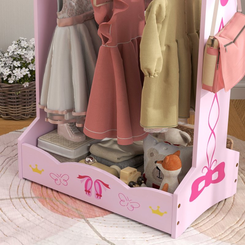 AIYAPLAY Wooden Kids Clothes Rail, Dress Up Rail with Top, Bottom Storage Shelves, for 3 Years+, 70 x 37 x 103cm, Pink
