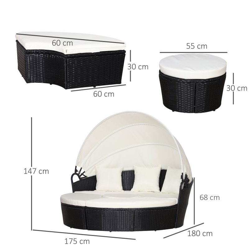 Outsunny PE Rattan Lounge Set, 5 Pieces Patio Conversation Furniture Set, Garden Round Sofa Bed with Cushion and Retractable Canopy, Black