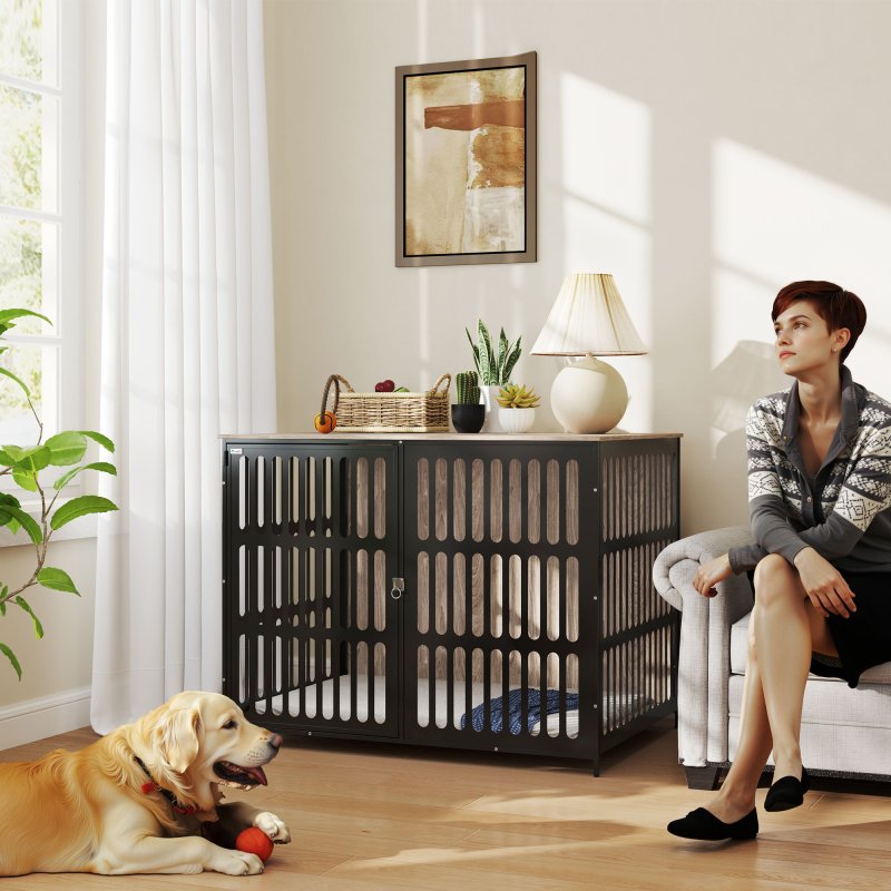 PawHut Dog Crate Furniture, Dog Cage Side End Table Indoor with Anti-Chew Resistant Mesh, Anti-Escape Door, for Extra Large Dogs, 118 x 80 x 92 cm, Walnut Brown