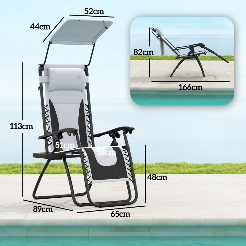 Outsunny Zero Gravity Lounger Chair Set of 2, Folding Reclining Patio Chair with Shade Cover, Padded Seat, Cup Holder, Soft Cushion and Headrest for Poolside, Camping, Light Grey