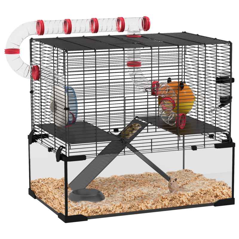 PawHut Large Hamster Cage, Gerbil Cage with Deep Glass Bottom, Tunnels, Non-Slip Ramps, Exercise Wheels, Water Bottle, Dish, 60 x 40 x 57cm