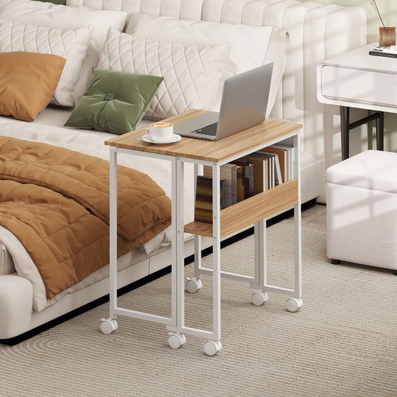 HOMCOM Folding Desk with Storage Shelf and Bag, 63 cm Foldable Computer Desk for Small Spaces, Space Saving Writing Table on Wheels for Home Office, Bedroom, Easy Assembly, Natural Wood Finish