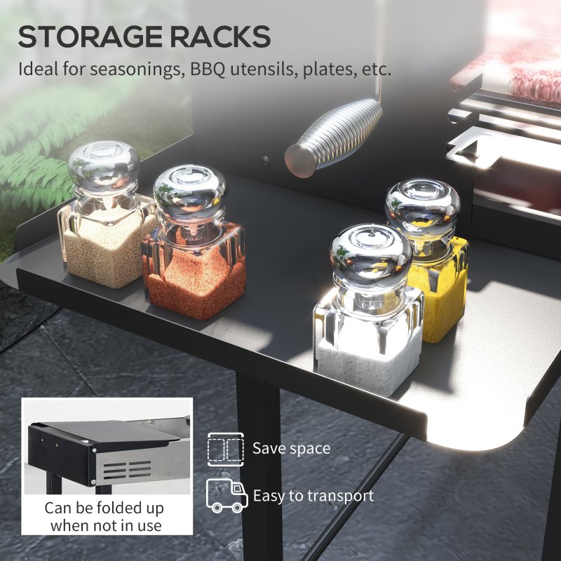 Outsunny BBQ Rotisserie Grill Roaster Charcoal Spit Roasting Machine for Chicken Turkey with 3-Level Grill Grate and Foldable Side Shelves, Stainless Steel