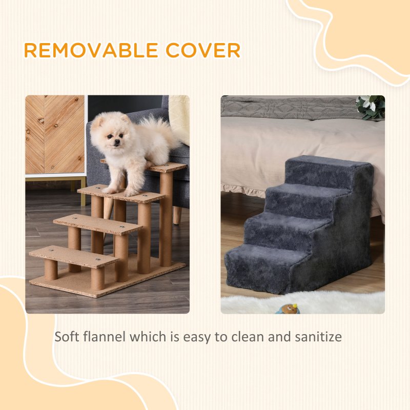 PawHut Dog Steps for Sofa, 4 Steps Dog Stairs, Pet Stairs, with Washable Plush Cover, for Small Breeds, Cats - Dark Grey