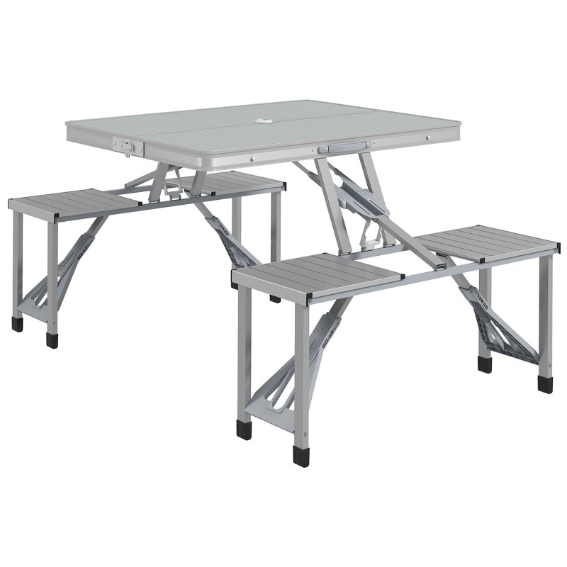 Outsunny Folding Picnic Table with 4 Seats and Umbrella Hole, Aluminium Frame Portable Camping Table Set for Patio, Porch, Garden, Grey