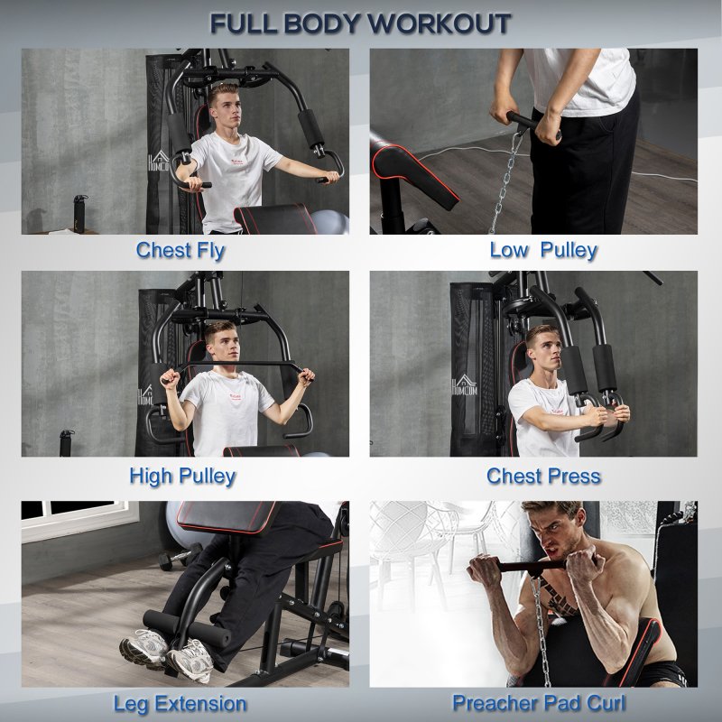 HOMCOM Multifunctional Home Gym Workout Station, 45kg Weight Stack Multi Gym Fitness Equipment for Full Body Fitness