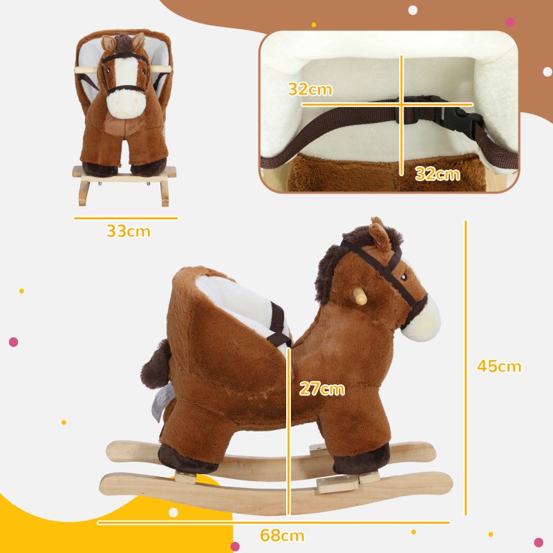 AIYAPLAY Kids Rocking Horse, Plush Ride on Horse, with Sound, Wood Base, Seat Safety Belt, for Ages 18-36 Months, Brown
