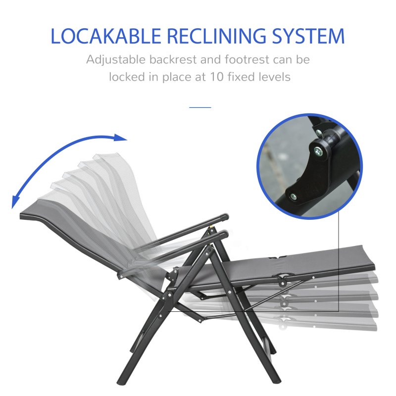 Outdoor Reclining Garden Chair Set of 2, 10-Position Adjustable Folding Sun Lounger Zero Gravity Chairs with Texteline Seat, Armrests and Footrest for Patio, Grey