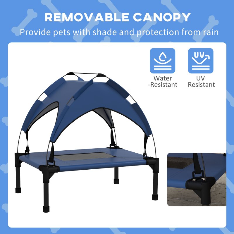 PawHut Cooling Raised Dog Bed, Elevated Pet Bed with Breathable Mesh, UV Protection Canopy, Foot Pads, for Indoor Outdoor, Mini, Small Dog, 61 x 46 x 63cm - Dark Blue
