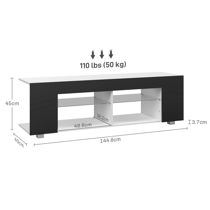 HOMCOM 145cm TV Unit with Glass Shelves and LED Light, Modern TV Stand Cabinet for Living Room, Entertainment Unit for 60 inch 4k TV