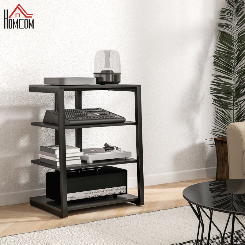 HOMCOM HiFi Stand, 4-Tier Media Storage Shelf with Adjustable Shelves, Power Strip Rack for Router, Record Player, Printer, Industrial TV Stand for up to 28 Inch TVs