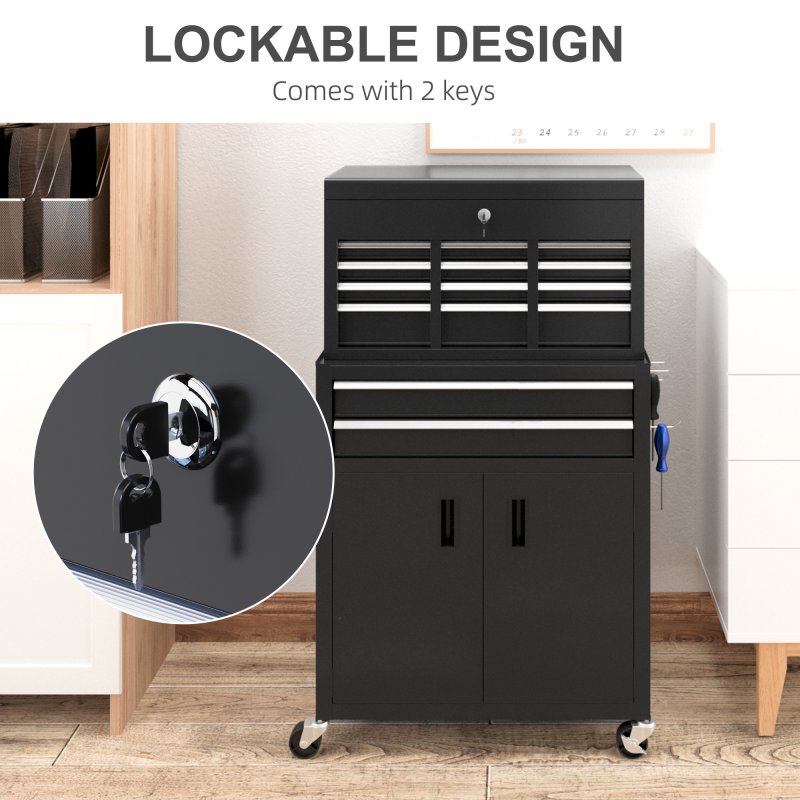 HOMCOM Tool Chest, Metal Tool Cabinet on Wheels with 6 Drawers, Pegboard, Top Chest and Roller Cabinet Combo, 61.6 x 33 x 108cm, Black