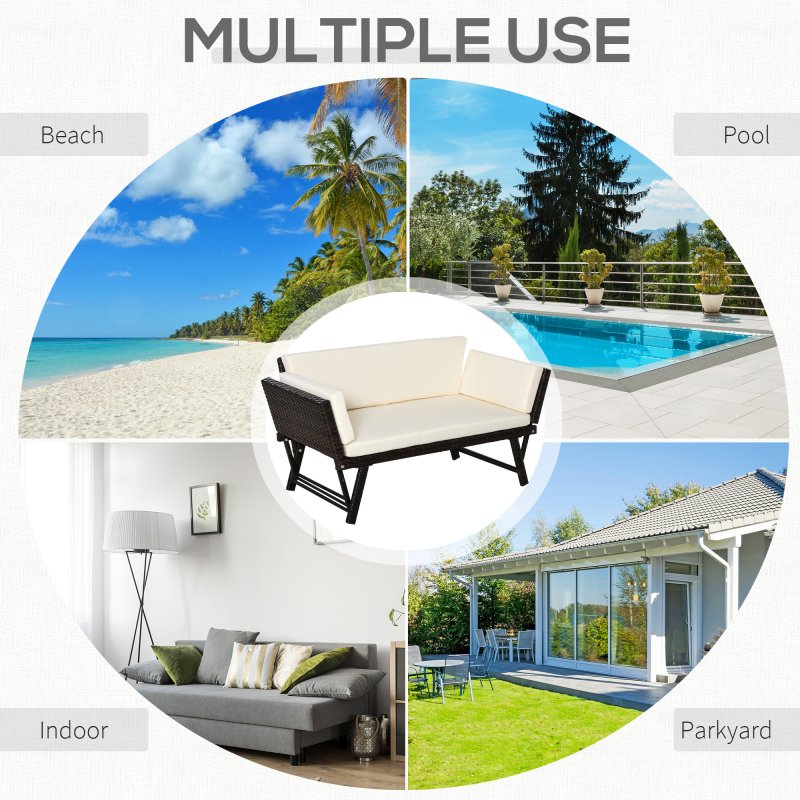 Outsunny Rattan Garden Sofa Bed with Adjustable Armrests, 2-in-1 Convertible Couch Garden Daybed Lounger, Outdoor Folding Chaise Lounge Loveseat with Cushions for Porch, Patio, Brown