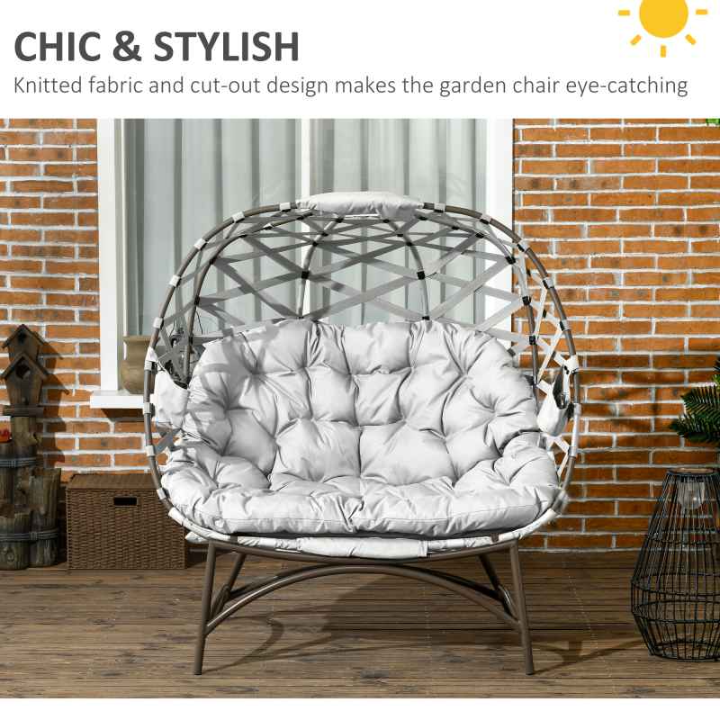 Outsunny Egg Chair Outdoor, 2 Seater Folding Weave Garden Furniture Chair with Cushion, Cup Pockets for Patio Balcony - Light Grey