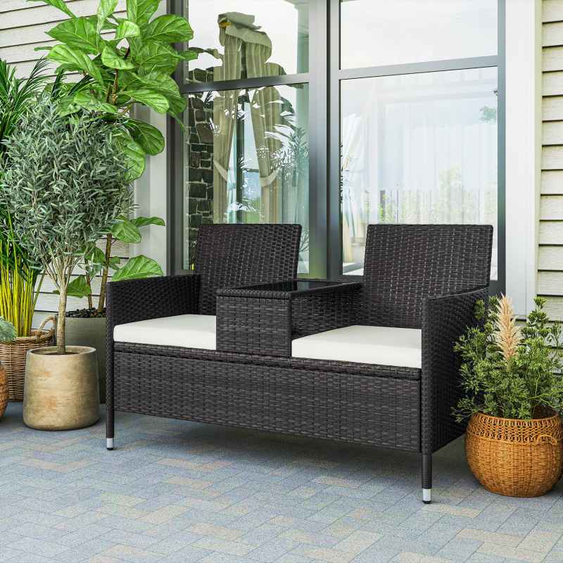 Outsunny 2 Seater Rattan Sofa with Cushions, Wicker Garden Loveseat with Armrests, Outdoor Garden Sofa Couch with Metal Frame for Patio, Black