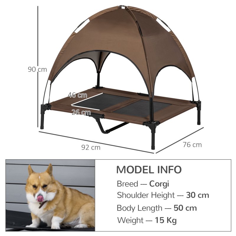 PawHut Raised Dog Bed Waterproof Elevated Pet Cot with Breathable Mesh UV Protection Canopy Brown, for Large Dogs, 92 x 76 x 90cm