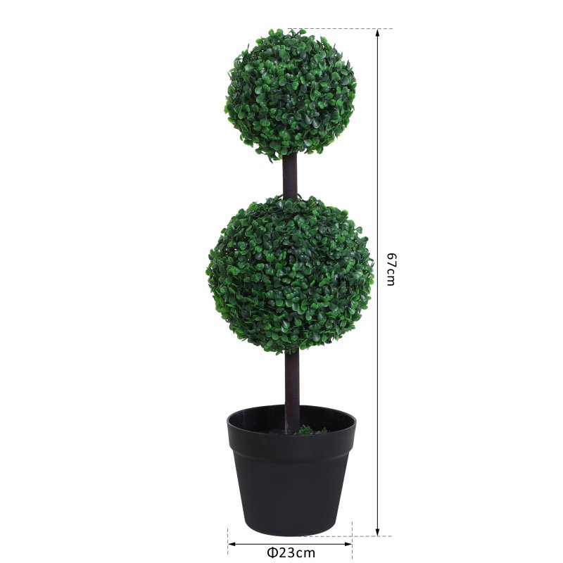 Outsunny Set of 2 Artificial Boxwood Ball Topiary Trees Potted Decorative Plant Indoor D??cor (67cm)