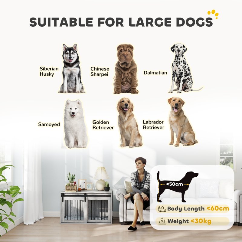 PawHut Dog Crate Furniture, Dog House Furniture Style for Large Breeds, Pet Kennel with Removable Cushion for Indoor Use, 98 x 58 x 61cm, Grey