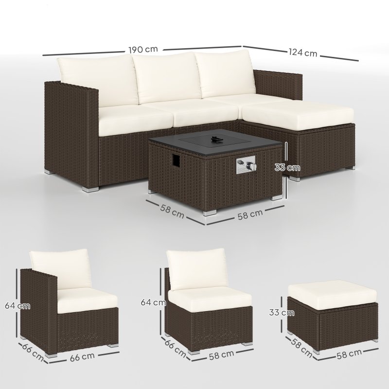 Outsunny 5 Piece Rattan Garden Furniture Set with Gas Fire Pit Table, 4 Seater Outdoor Sectional Sofa Set with Footstool and Removable Cushions, Modular Combination, Brown and Cream White