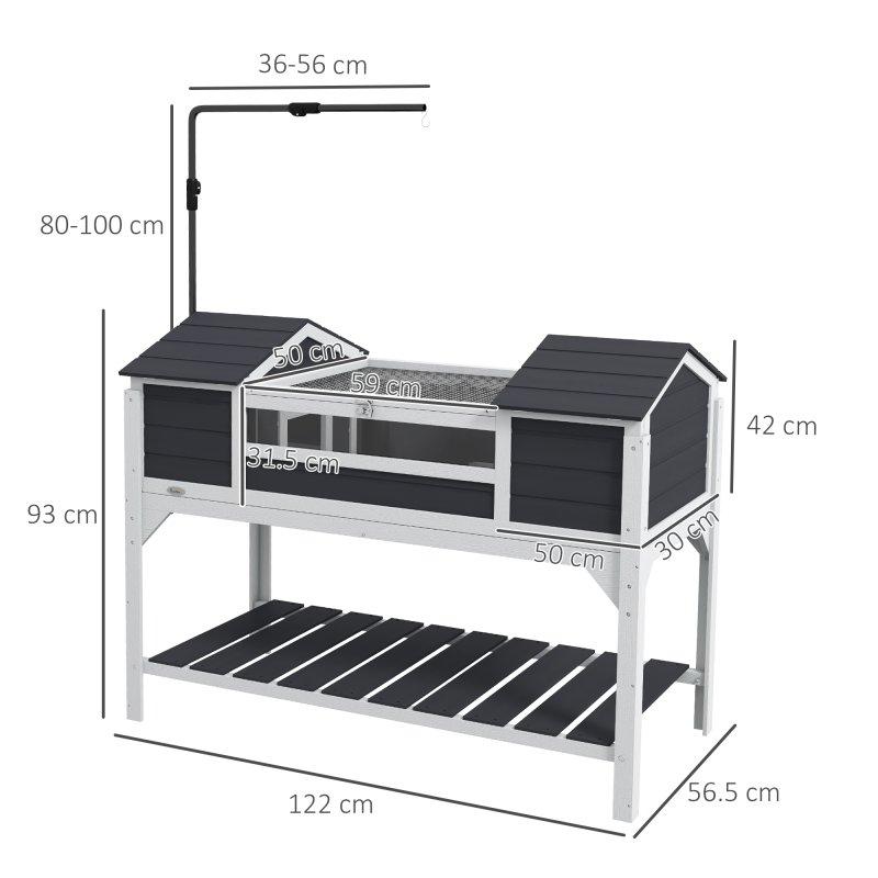 PawHut Tortoise House, Wooden Tortoise Enclosure with Adjustable Lamp Holder, Tortoise Table with Openable Lid, Dual Main Houses, Storage Shelf, Basking Area, Fixed Tray - Grey