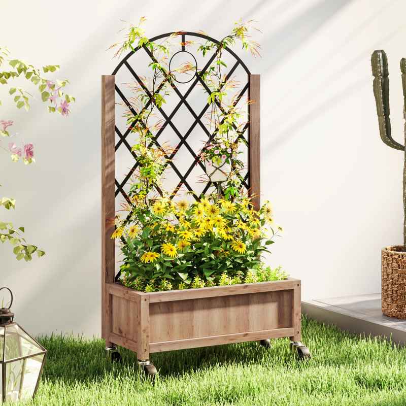 Outsunny Raised Garden Bed with Metal Trellis, Wooden Elevated Planter Box with Wheels and Drainage Holes, Outdoor Raised Planter for Climbing Plants, Fruits, Vegetables, Flowers, Brown