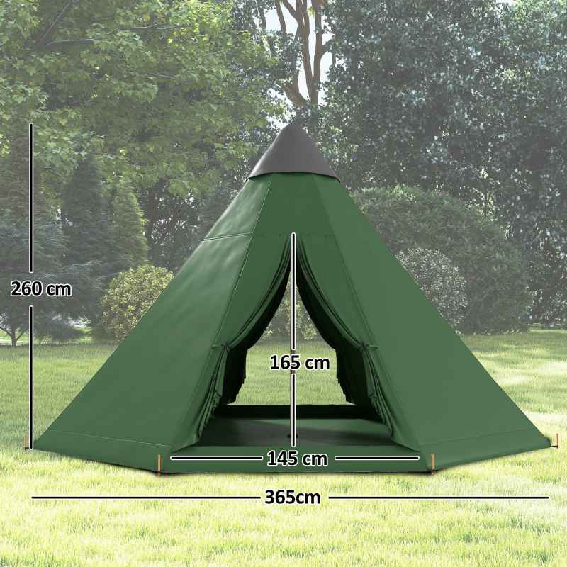 Outsunny 6 Men Tipi Tent, Camping Tent with Mesh Windows, Sewn-in Floor, Two Doors and Carry Bag, Easy Set Up, for Hiking Picnics Outdoor Night, Green