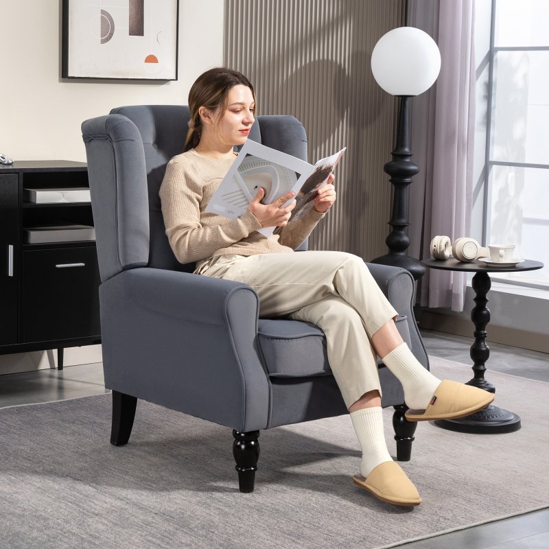 HOMCOM Retro Accent Chair, Velvet Wingback Armchair with Wood Frame Button Tufted Design for Living Room Bedroom, Grey