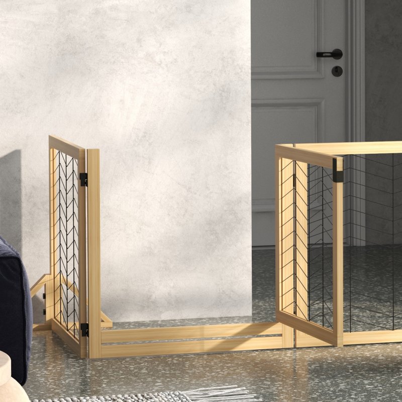 PawHut Freestanding Pet Gate, 8 Panels Dog Playpen, Foldable Dog Barrier with 2 Pcs Support Feet, for House, Doorway, Stairs, Small and Medium Dogs - Natural Wood