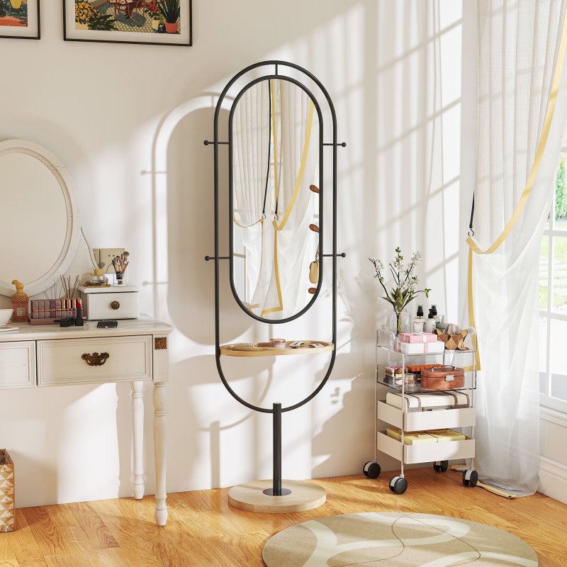 HOMCOM Full Length Mirror, Oval Free Standing Mirror with Wooden Tray, 4 Hooks and Metal Frame for Living Room, Bedroom, Cloakroom, Black
