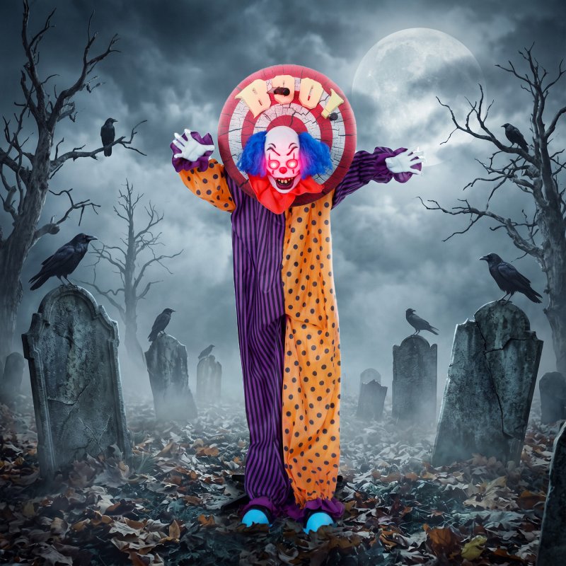 HOMCOM 167cm Life Size Animated Clown Halloween Decorations Outdoor Indoor, Scary Halloween Animatronics Decor with Sound Touch Activated, Red Light Up Eyes, Animated Prop for Haunted House Garden