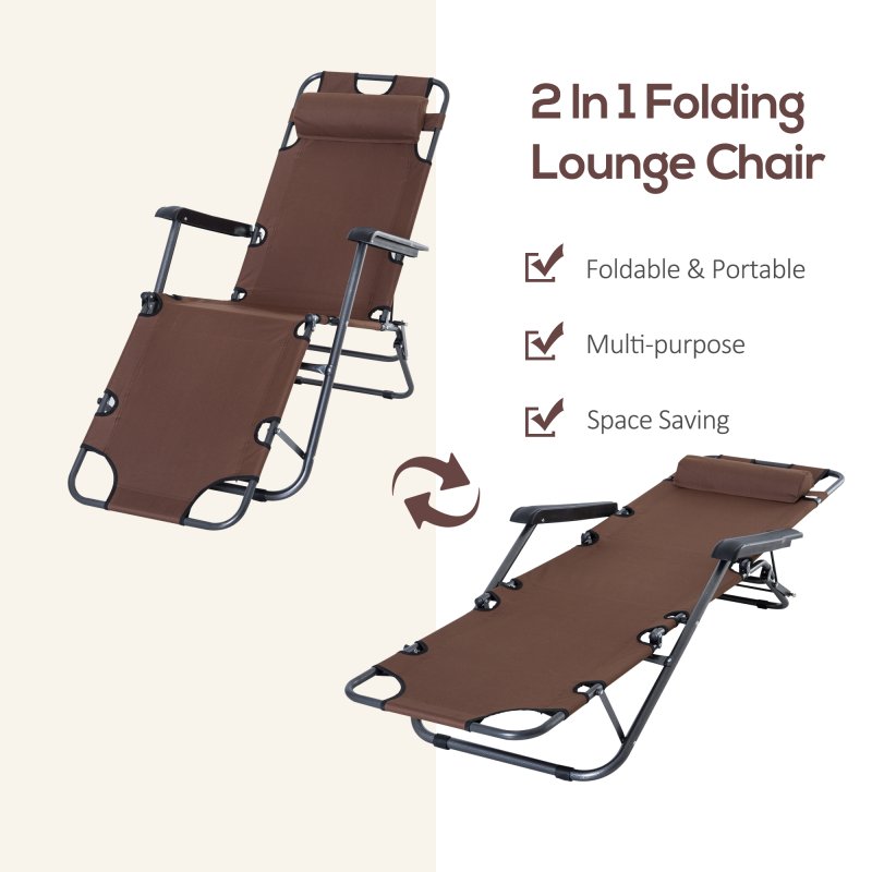 Outsunny 2 in 1 Folding Sun Lounger Reclining Garden Chair with 2-Level Adjustable Backrest, Outdoor Zero Gravity Recliner Garden Chair with Head Pillow and Armrests, Brown