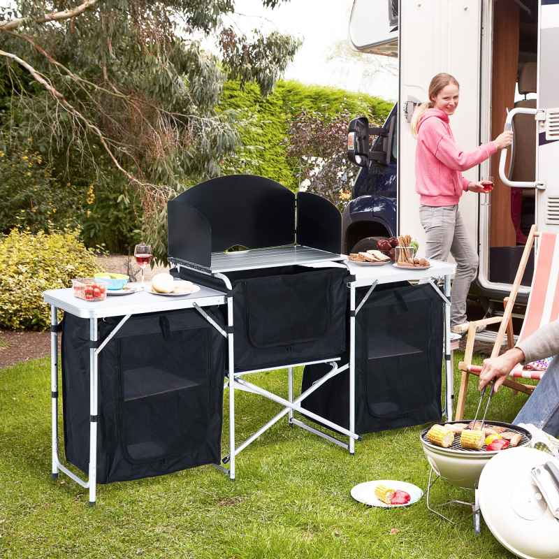 Outsunny Portable Camping Kitchen with Aluminium Frame, Fold-Up Cooking Table With Windscreen and 3 Enclosed Cupboards for BBQ, Party, Picnic, Black