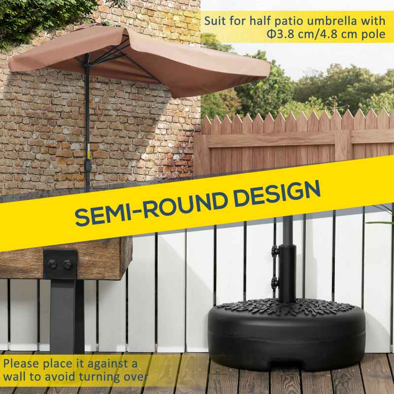 Outsunny Half Round Umbrella Base, Half Patio Parasol Stand Holder for Deck, Garden, 18 kg Capacity Water or 21 kg Capacity Sand, Fit 3.8 cm or 4.8 cm Pole, Black