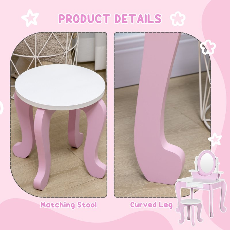 ZONEKIZ Kids Dressing Table, Kids Vanity Set, Girl Makeup Desk w/ Mirror, Stool, Drawer, for Ages 3-6 Years - Pink
