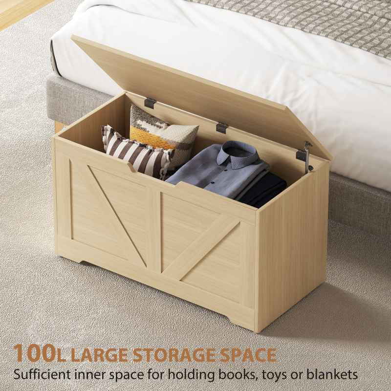 HOMCOM 100L Storage Chest, Storage Trunk with 2 Safety Hinges and U-shaped Cut-out Pull, Organiser Box for Living Room, Entryway, 80 x 40 x 45 cm, Natural Wood Finish