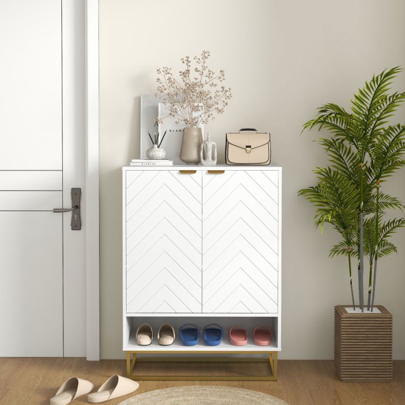 HOMCOM Shoe Cabinet, 12 Pairs Shoe Storage Cabinet with 2 Chevron Doors, Adjustable Shelf, Open Shelf and 6 Vents for Entryway, Hallway, White
