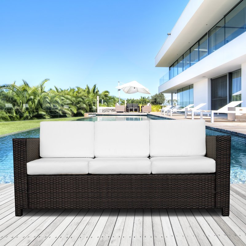 Outsunny 3 Seater Rattan Sofa with 10 cm Thick Padded Cushion, All-Weather PE Wicker Weave Garden Three-seater Bench with Armrests, Brown