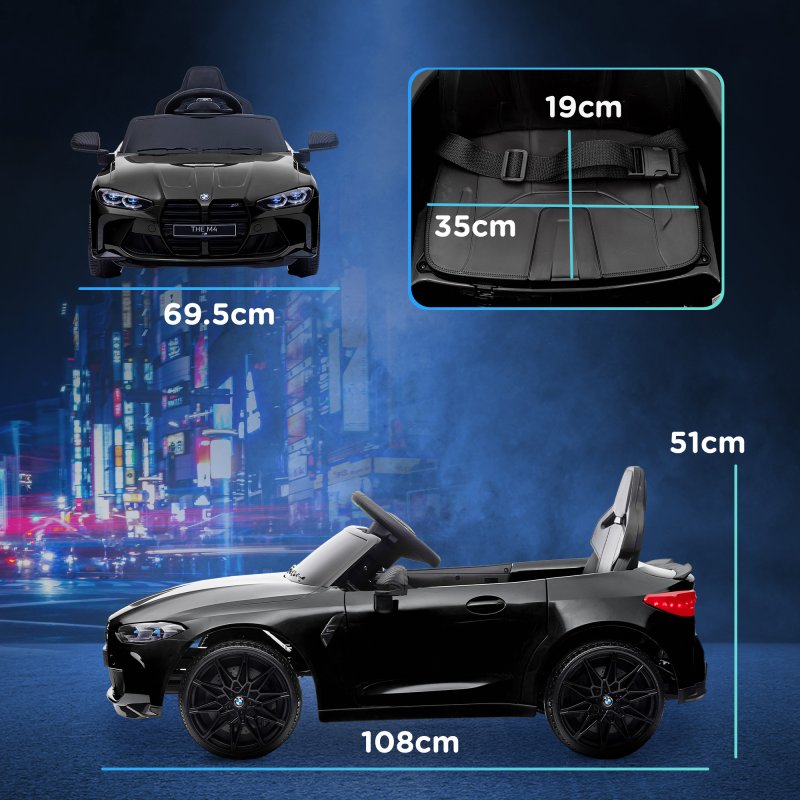 AIYAPLAY BMW M4 Licensed Electric Car for Kids, 12V Kids Electric Ride on with Remote Control, Suspension, Music, Horn, LED Lights, for Ages 3-5 Years, Black