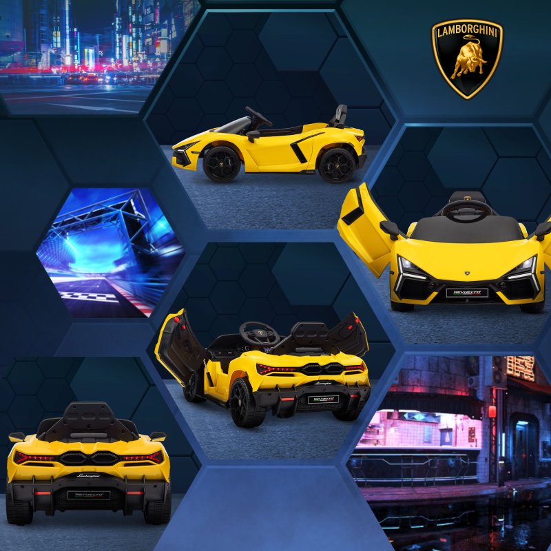 AIYAPLAY Lamborghini Revuelto Licensed Electric Car for Kids with Butterfly Doors, 12V Kids Electric Ride On with Suspension, Remote Control, LED Lights, Horn, USB, MP3 for 3-5 Years, Yellow