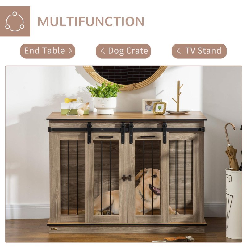 PawHut Dog Crate Furniture for Large Dog, Double Dog Cage for Small Dogs with Divider, Sliding Doors - Oak Tone
