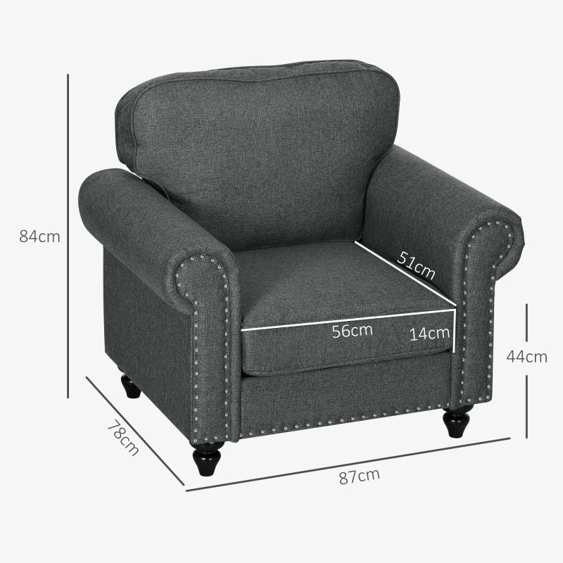HOMCOM Fabric Accent Chair with Nailhead Trim Rolled Arms and Slatted Wood Frame, Upholstered Lounge Chair for Living Room, Bedroom, Home Office