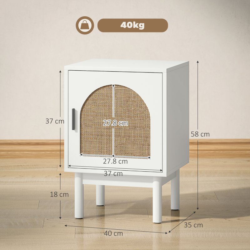 HOMCOM Rattan Bedside Table, Boho Bedside Cabinet with Adjustable Shelf and Solid Wood Legs, Side Table for Living Room, Bedroom, White